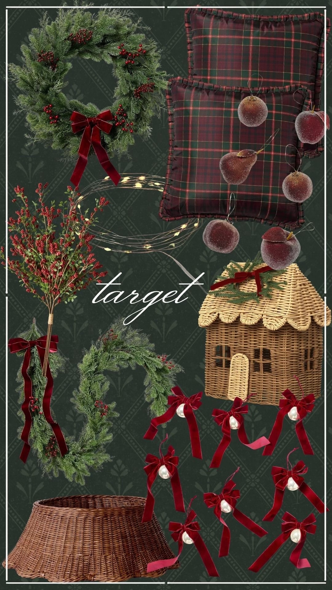 Target’s new holiday finds are giving classic Christmas.❤️  Velvet bows, plaid pillows, berry greenery and the sweetest wicker house.  Shop what’s currently in my cart and coming home to me.👀