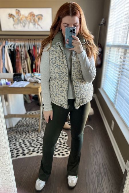 This outfit is a quintessential fake spring outfit! The days where it is cold in the morning and warmer and humid in the afternoon. This vest is an old find, but I linked a similar option in stock. These flare leggings are my favorite and so cute paired with Sambas! 

I take an 8 in aligns. These are a 10 and still work. 

#LTKfindsunder100 #LTKstyletip