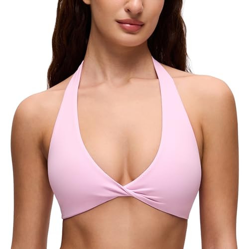 CRZ YOGA Butterluxe Double Lined Twist Sports Bras for Women - Halter Deep V Neck Crop Top Casual Open Back Non Padded Vita Pink X-Small | Amazon (US)