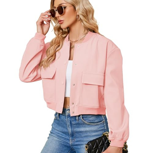 Zando Pink Spring Jackets for Women 2026 - Pink Bomber Jacket Women Button Down Cropped Jackets Womens with Pockets Long Sleeve Baseball Varsity Jacket Womens for Daily Outdoor Travel Parties School S | Amazon (US)
