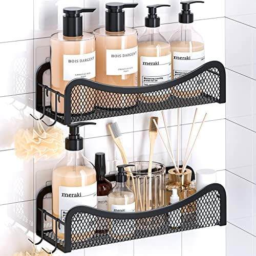 Adhesive Shower Caddy, Rustproof 304 Stainless Steel Shower Organizer, Black Shower Shelf with Ho... | Amazon (US)