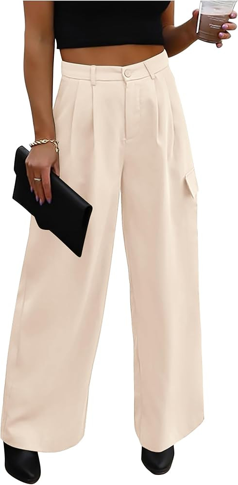 PRETTYGARDEN Women's Wide Leg Cargo Pants High Waist Business Casual Trousers Pant with Pockets | Amazon (US)