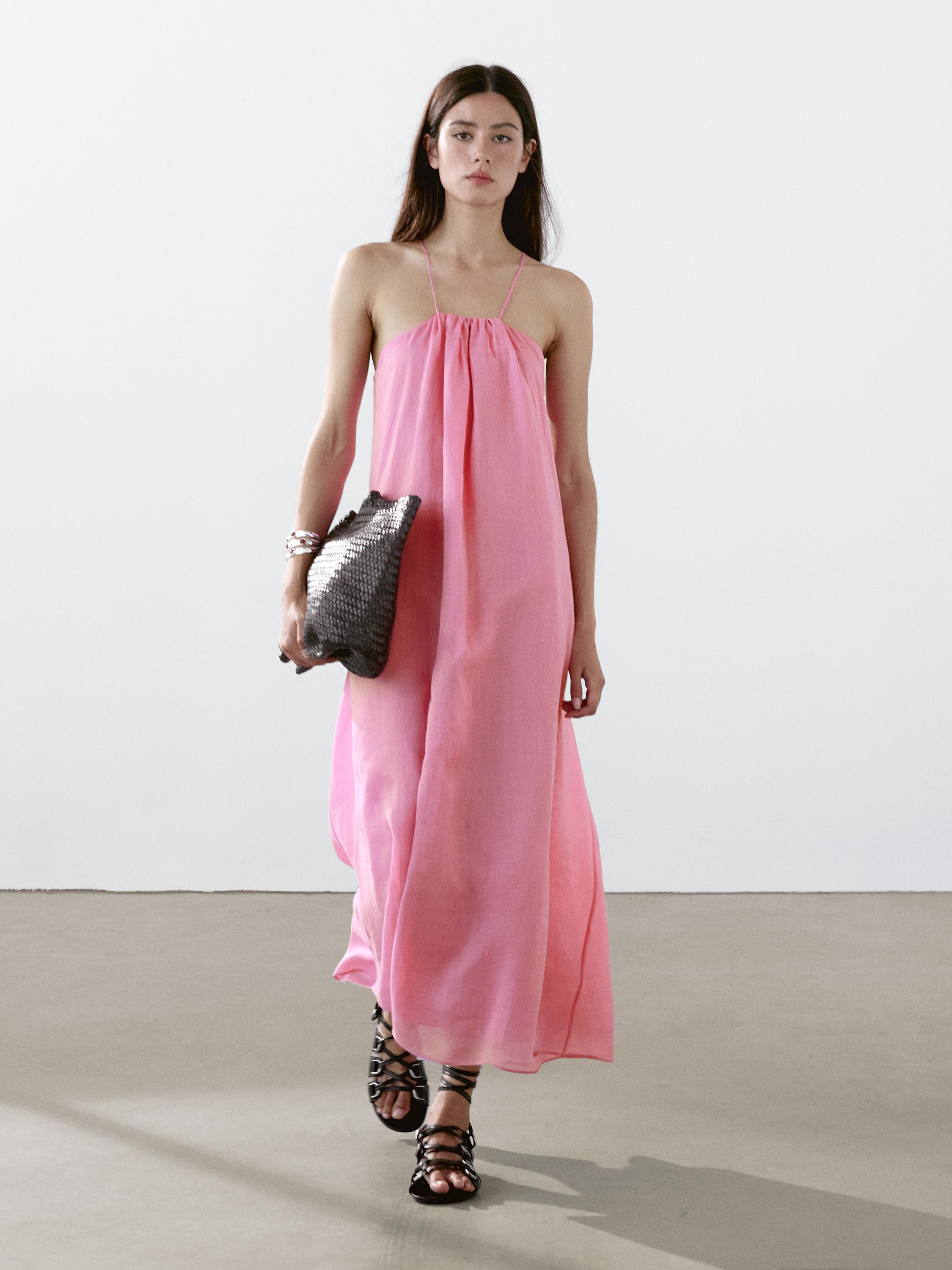 Long gathered halter neck dress | Massimo Dutti UK