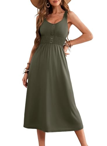 Dokotoo Beach Vacation Clothes for Women Sleeveless Button Smocked Elastic Waist Casual Swing Midi Hawaiian Dresses Wedding Guest Long Dress Cover Ups Western Outfit Sundresses Jungle Green Large | Amazon (US)