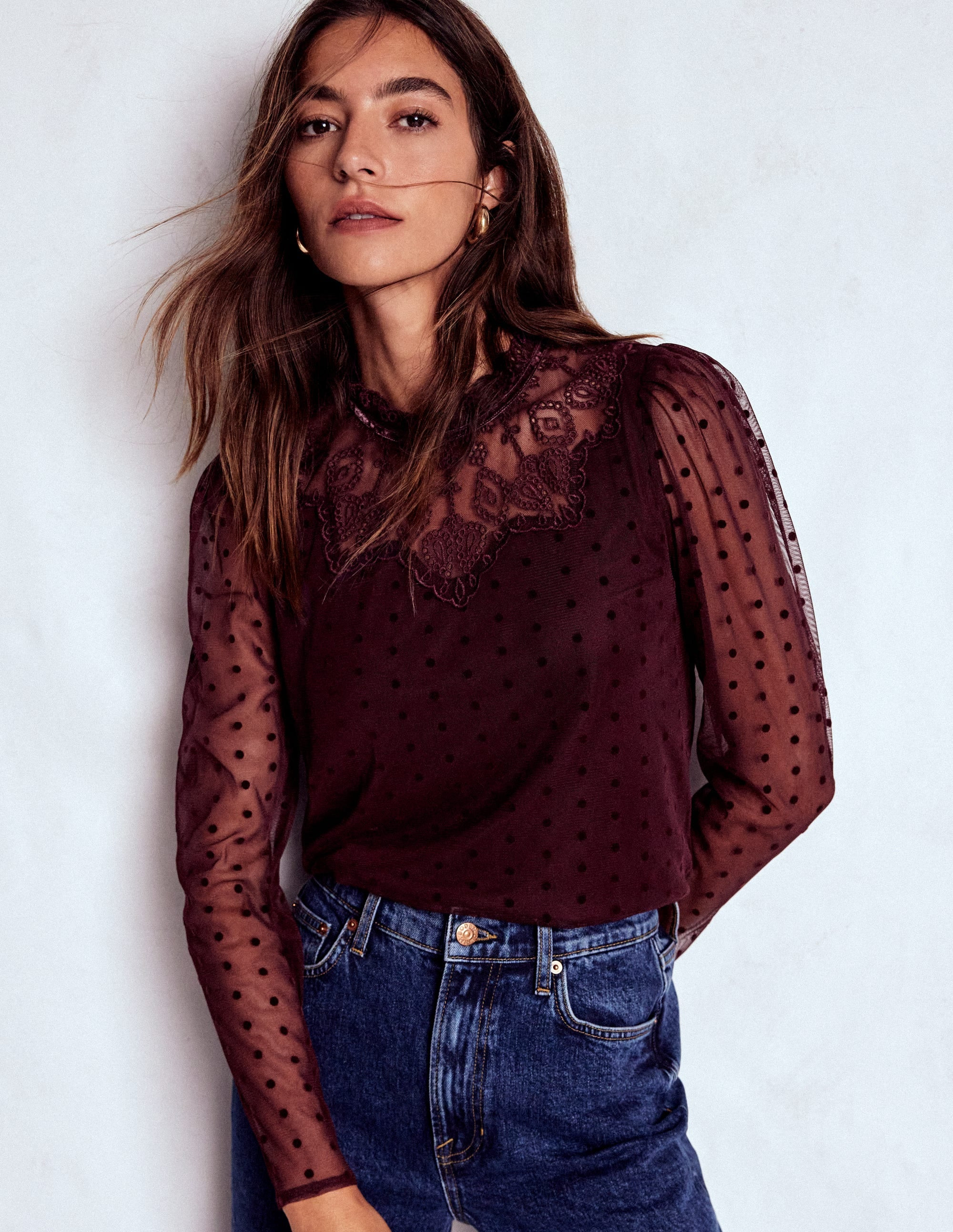 Tulle Yoke Embroidered Top-Dark Cherry | Boden (US)