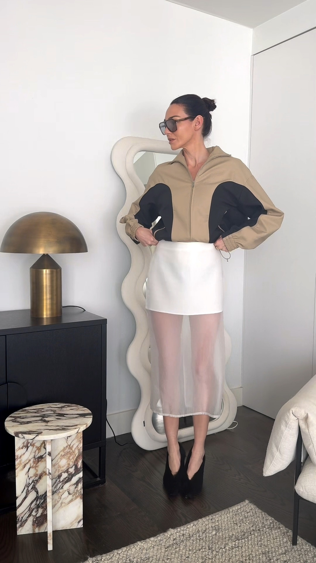 OOTD 
Tan/black Jacket - Deering 
White skirt - Henne 
Fluffy black wedge heels- Camilla and Marc 
Oversized sunglasses- Deering 

Pair with a black leather or white bag to elevate the look & silver accessories  

#LTKspring #LTKstyletip #LTKaustralia