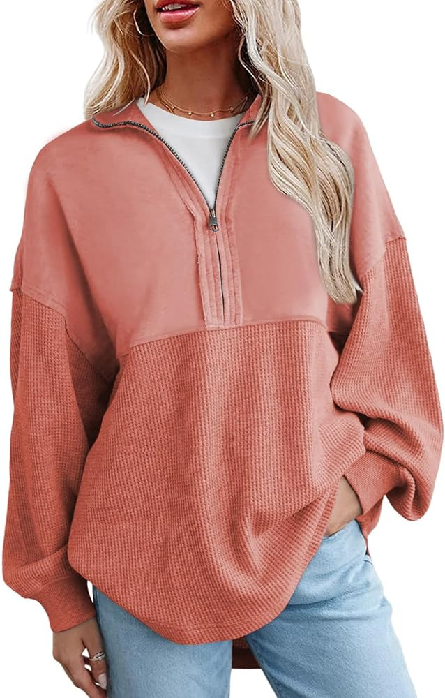 SHEWIN Womens Fall Sweatshirt Casual Waffle Knit Half Zip Pullover Loose Long Sleeve Tops | Amazon (US)