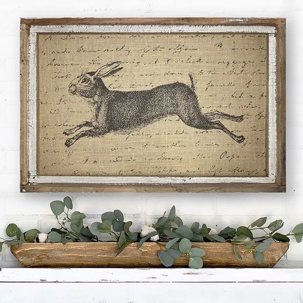 French Country Leaping Rabbit On Burlap | Antique Farm House