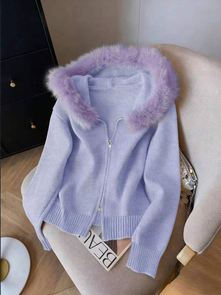 GlowEve Plush Hooded Zip-Up Solid Color Minimalist Cardigan For Women | SHEIN