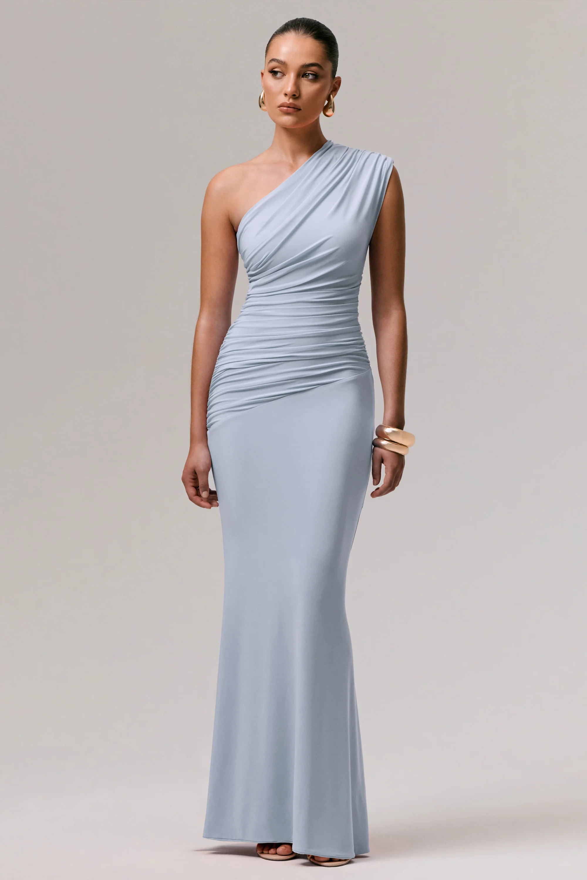 Mardi | Powder Blue Asymmetric Maxi Dress With Ruching | Club L London