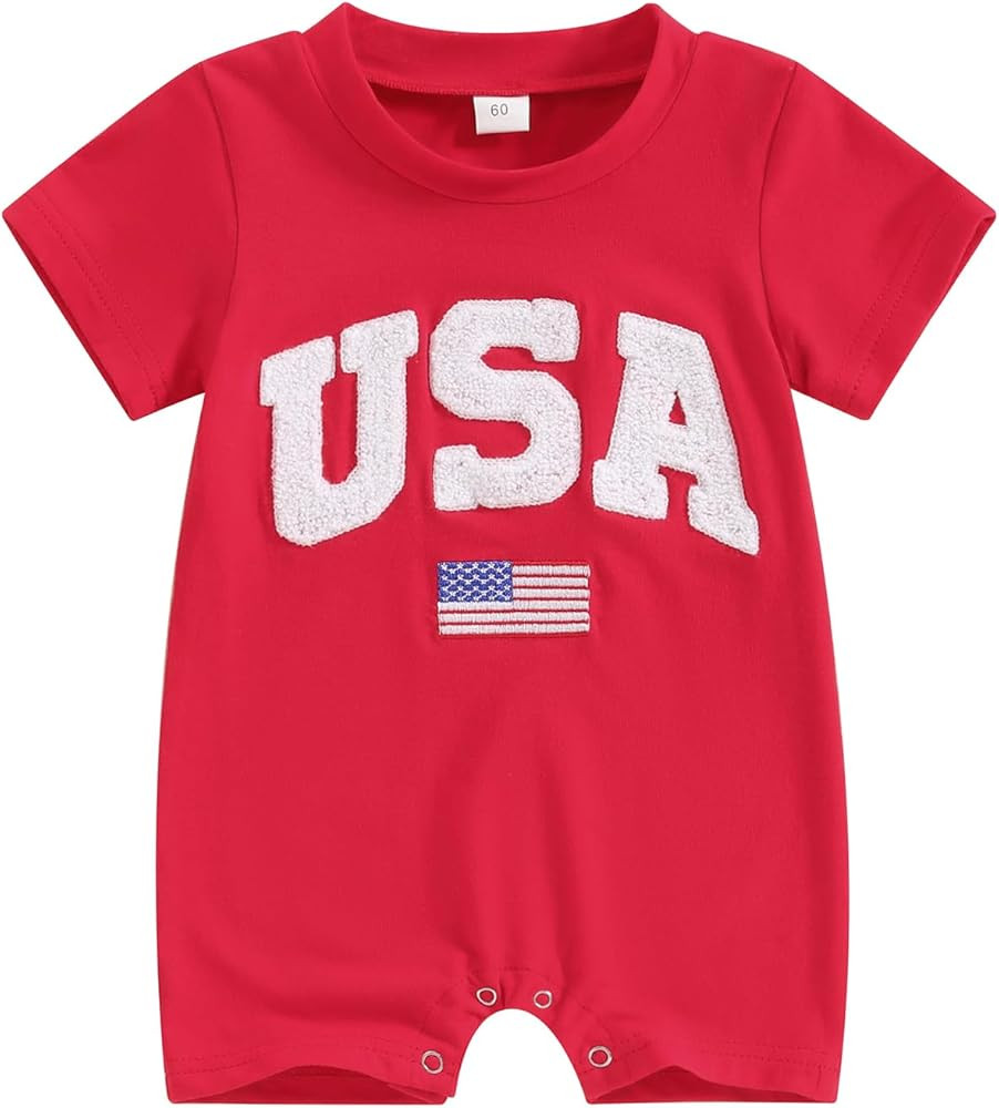 Baby Boy Girl 4th of July Outfit Newborn USA Romper Letter Embroidery Sleeveless Bodysuit Fourth ... | Amazon (US)