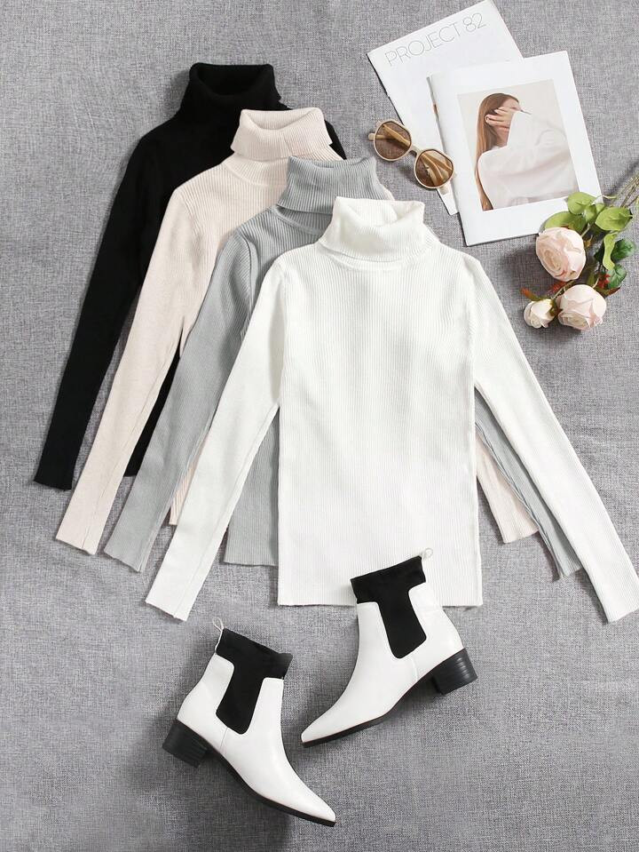 SHEIN LUNE 4pcs Solid Turtleneck Ribbed Knit Sweater | SHEIN