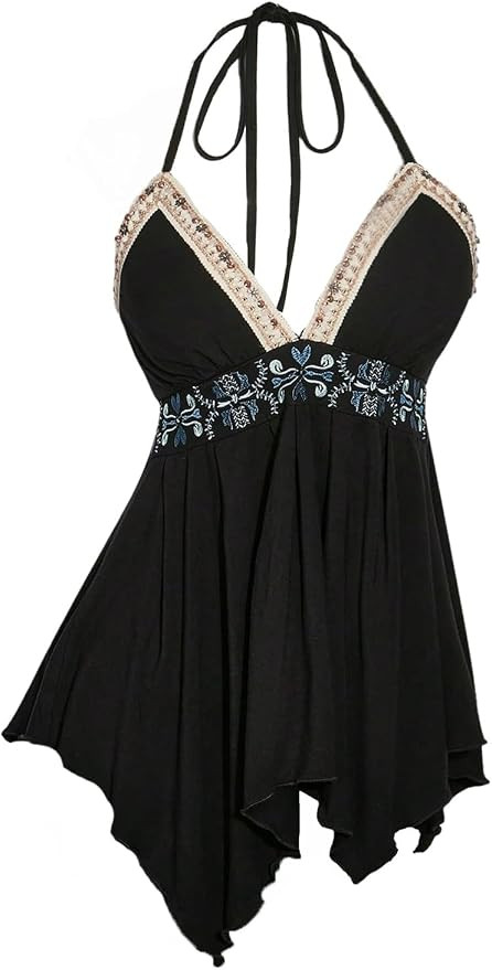 Verdusa Women's Y2k Babydoll Tops Boho Embroidery Halter Top Backless Sleeveless Ruffle Peplum Sh... | Amazon (US)
