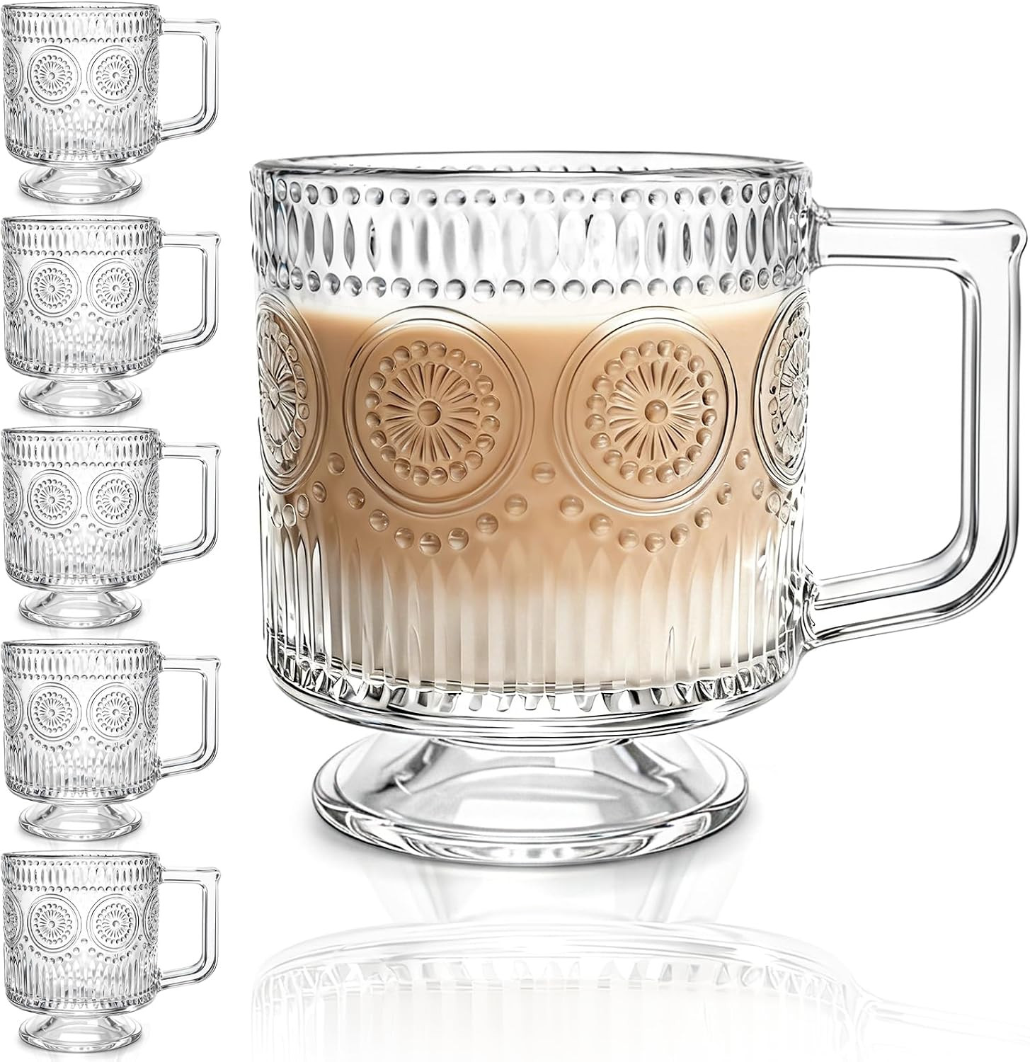 Pumtus 6 Pack Glass Coffee Mugs, 8 OZ Footed Irish Tea Cup with Handle, Embossed Floral Latte Cappuccino Mug, Clear Romantic Glassware for Chocolate, Espresso, Smoothie, Cocktail, Cold Drinks | Amazon (US)