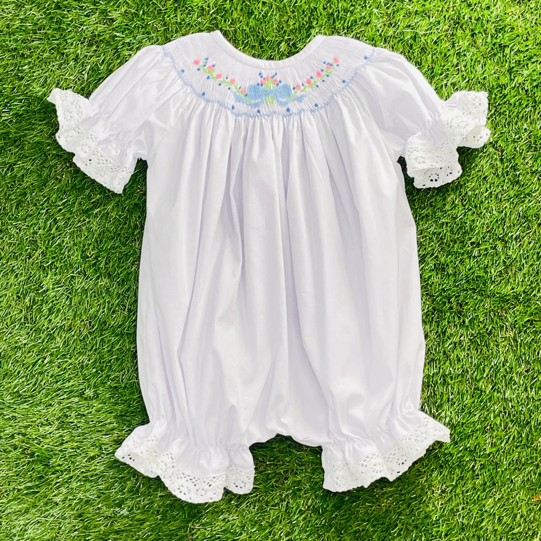 Lille Smocked Bubble Romper with Blue Bow and Lace!  - Heirloom, Vintage style, Easter, Wedding, ... | Etsy (US)
