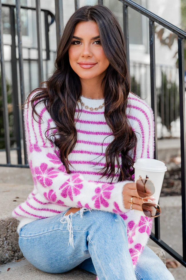So Blissful Magenta Fuzzy Floral and Striped Sweater | Pink Lily
