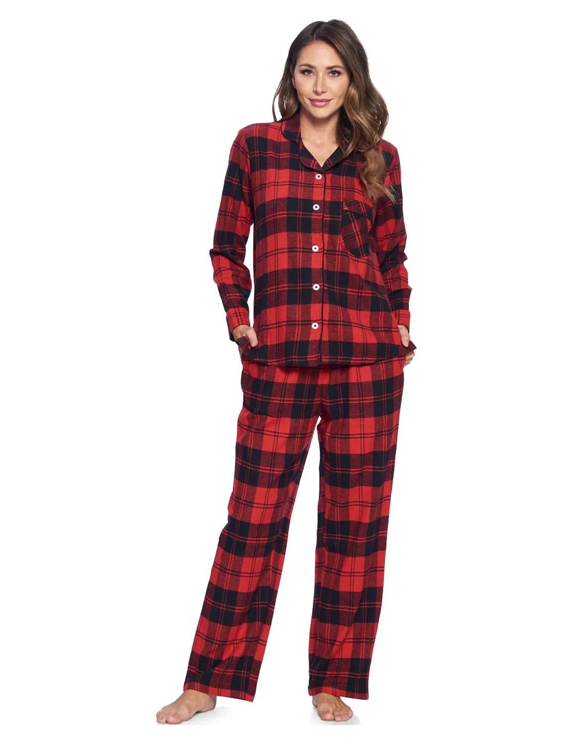 Ashford & Brooks Women's Flannel Plaid Pajamas Long Sleeve Button Down Pj Set | Walmart (US)