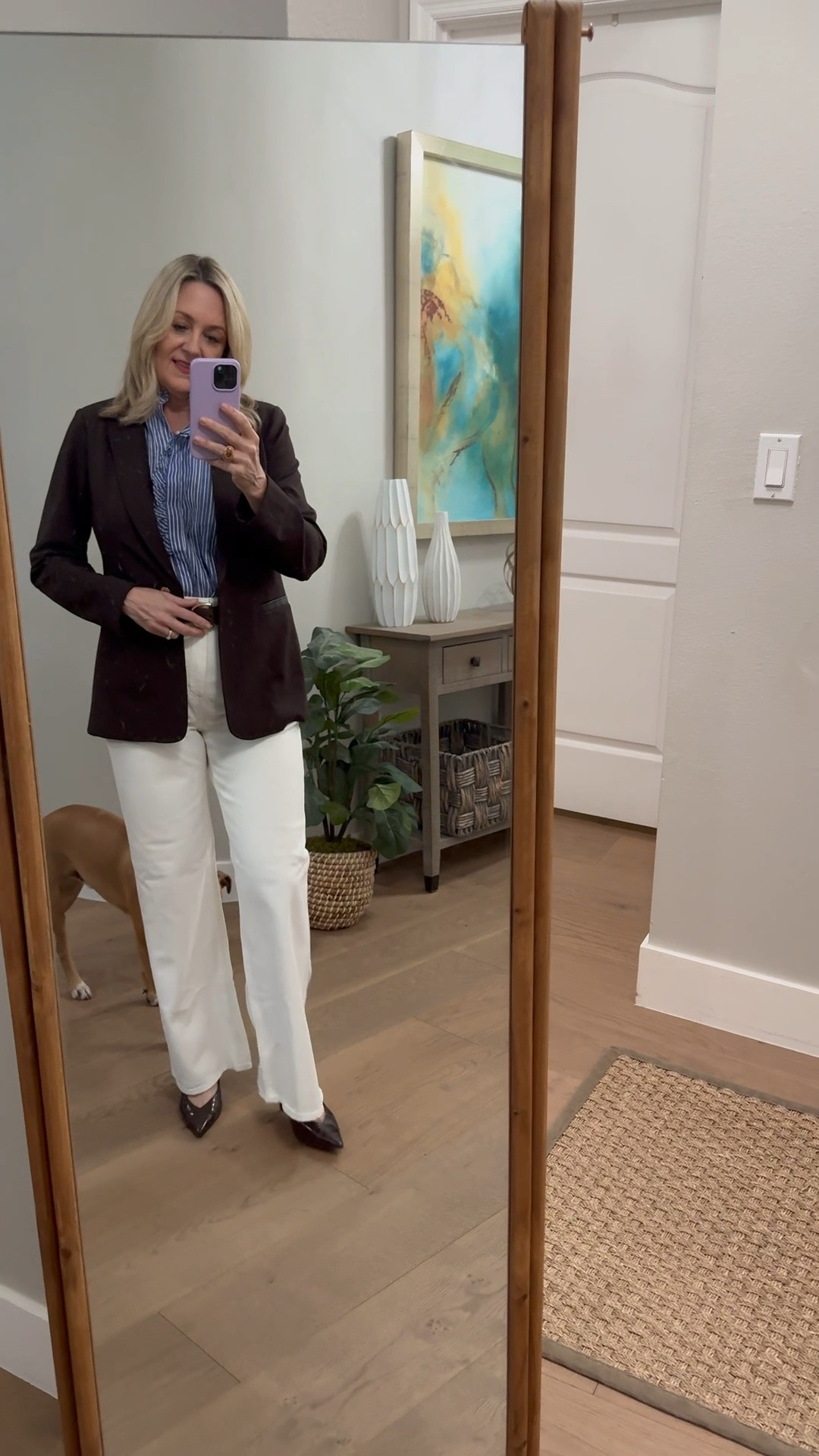Ivory jeans with a blazer for a business casual outfit - and look how cute my dog is!!

#LTKootd #LTKWorkwear #LTKOver40