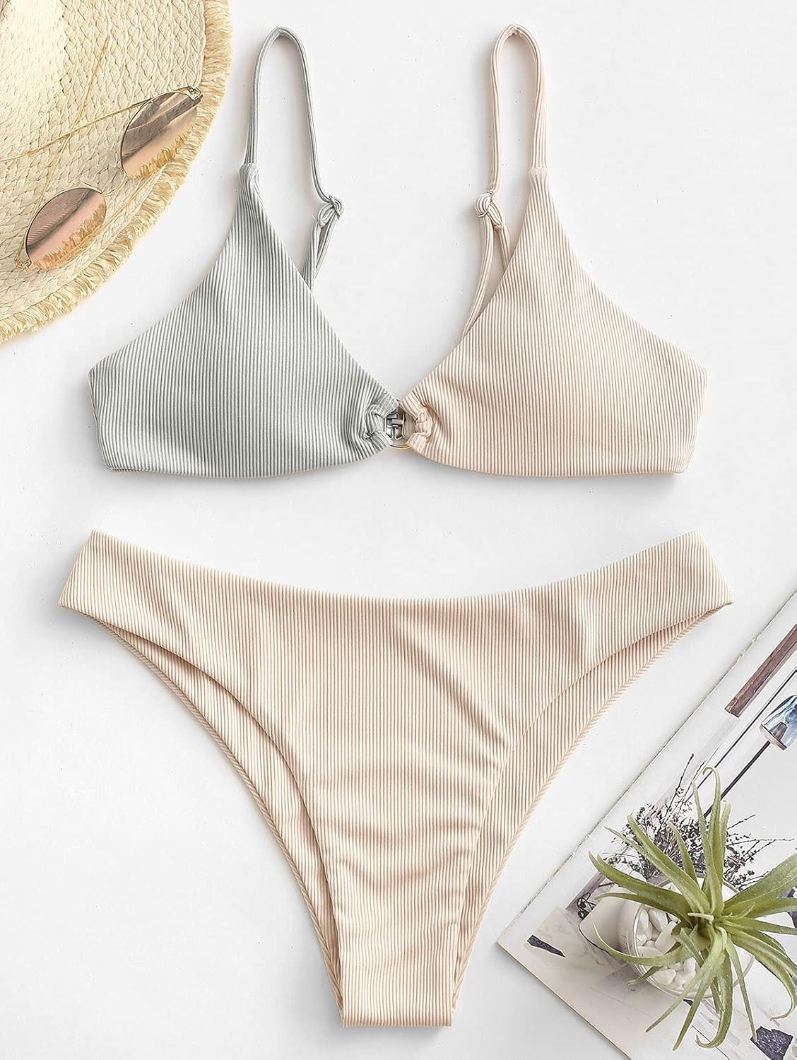ZAFUL Women's Ribbed O-Ring String Bikini Swimsuit Cheeky Thong Swimwear Two Pieces Bathing Suit | Amazon (US)