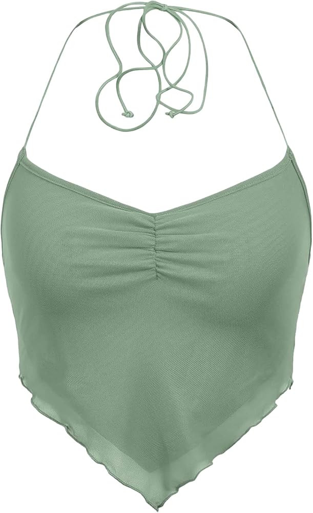 Floerns Women's Ruched Sleeveless Halter Neck Tie Back Hanky Hem Crop Cami Top | Amazon (US)