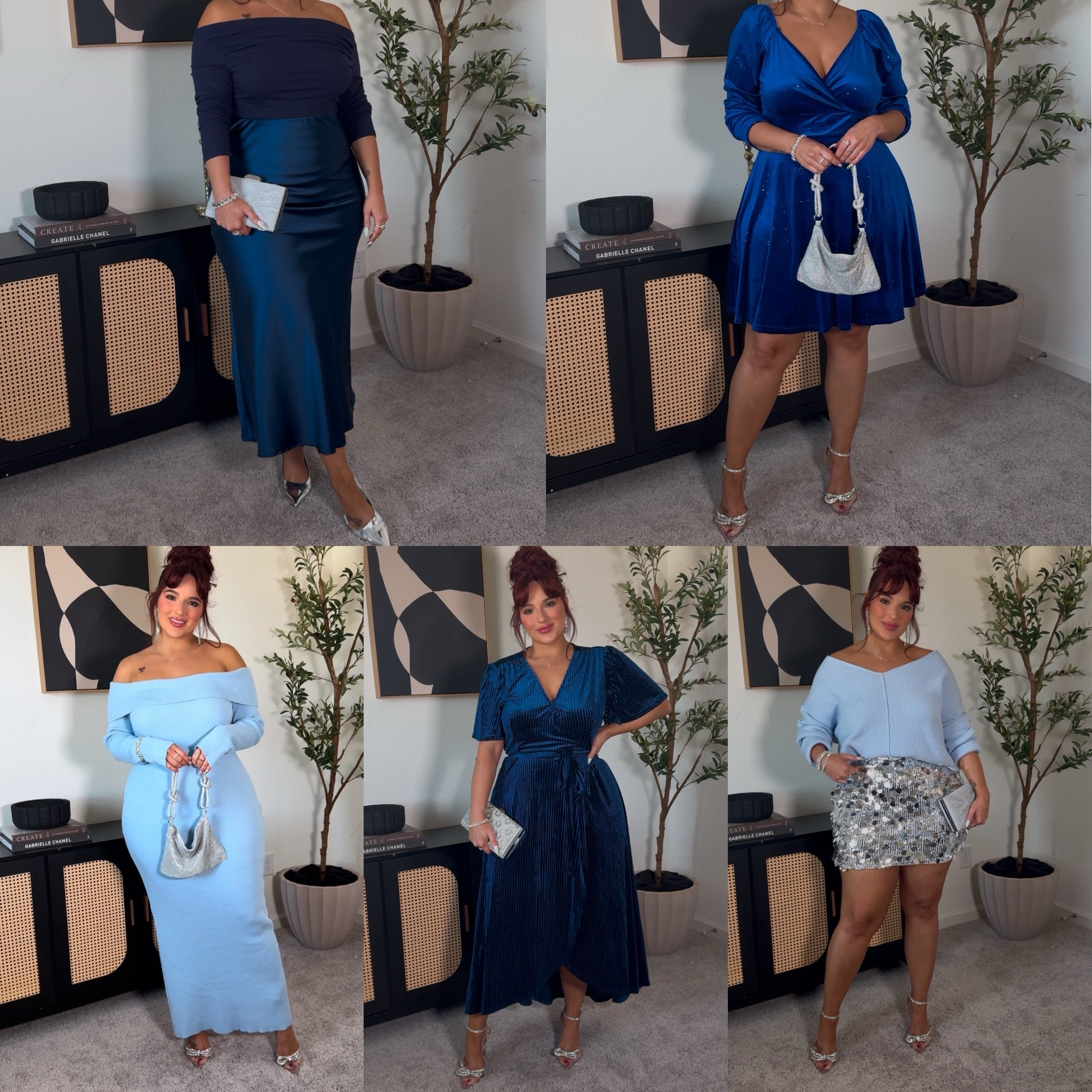 Left to right | satin skirt: XL navy top: XL | blue glitter dress: XL | light blue dress: XL | blue wrap dress: XL | blue sweater: XL Sequin skirt: XXL runs a size small and if you have a big booty it may be short