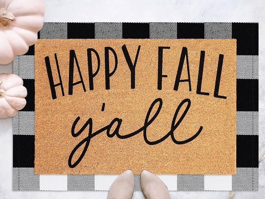 Fall Natural Coir Door Mat Farmhouse Happy Fall Y' All Non-Slip Floor Mat with Black White Checke... | Amazon (US)