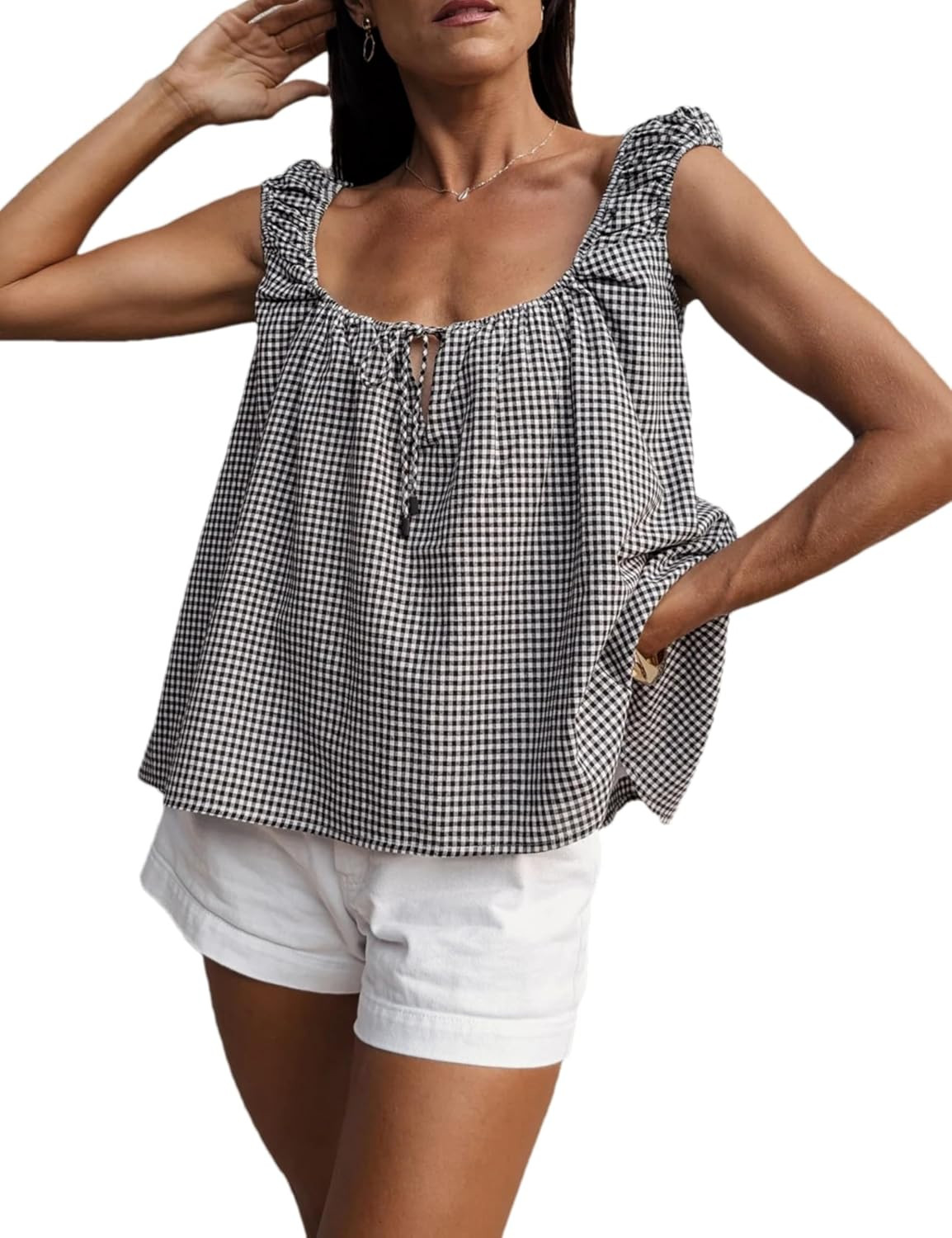 Women Summer Tie Front Babydoll Square Neck Shirt Pleated Tank Top | Amazon (US)