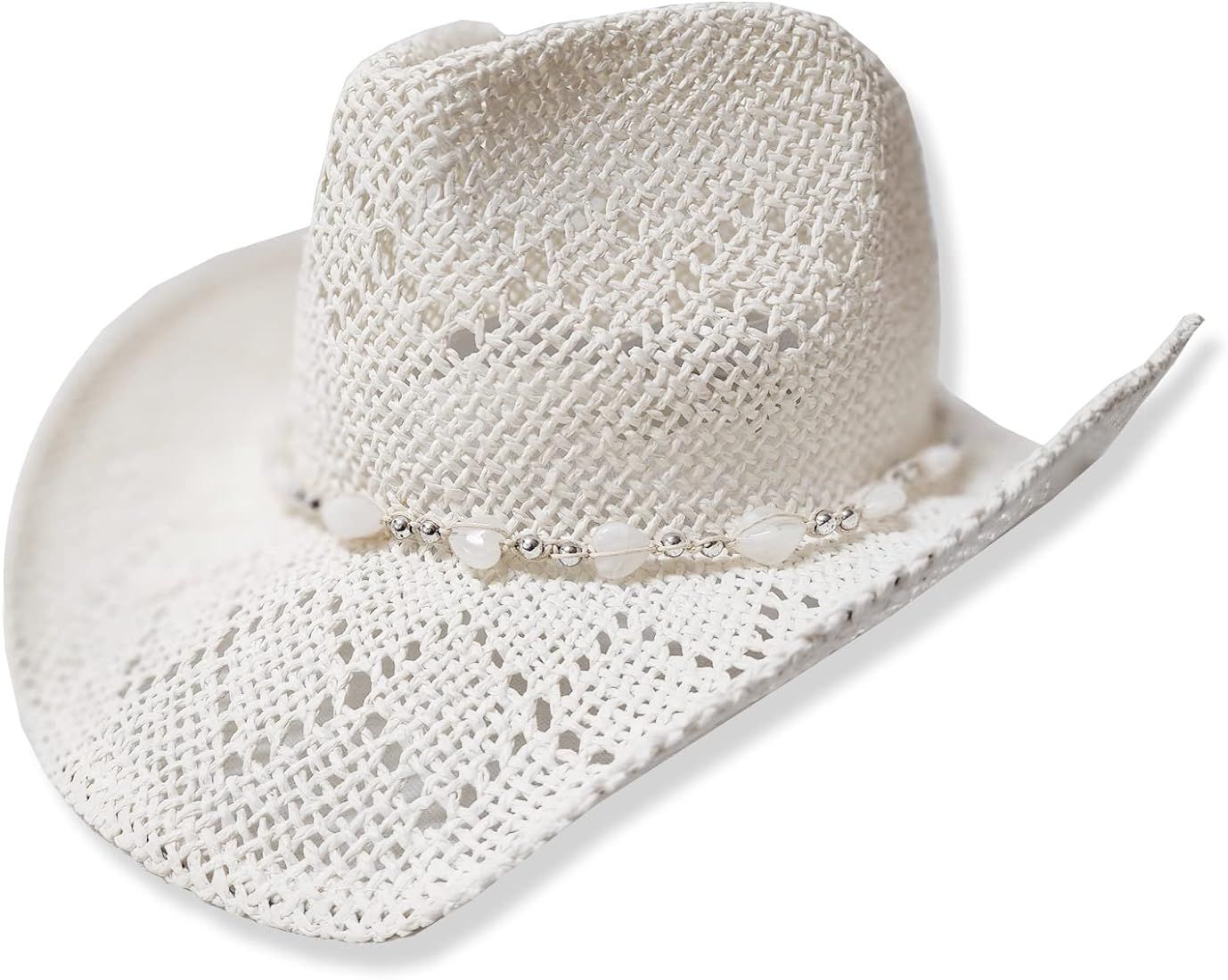 TOVOSO Western Cowgirl Hat, Straw Cowboy Hat for Women with Shapeable Brim, Beaded Hearts Trim, Shap | Amazon (US)