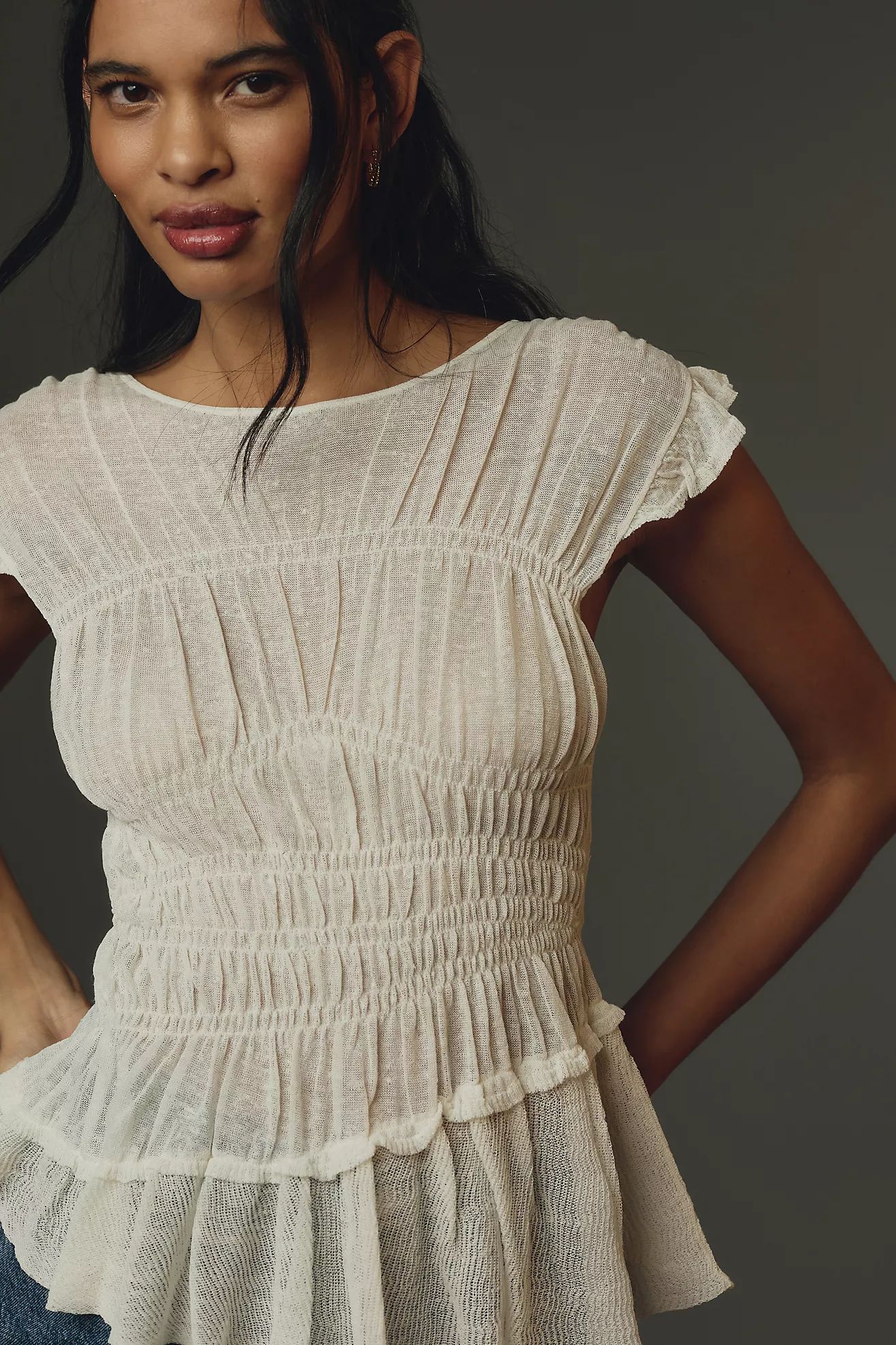 By Anthropologie Sheer Smocked Ruffled Asymmetrical Sweater Tank | Anthropologie (US)