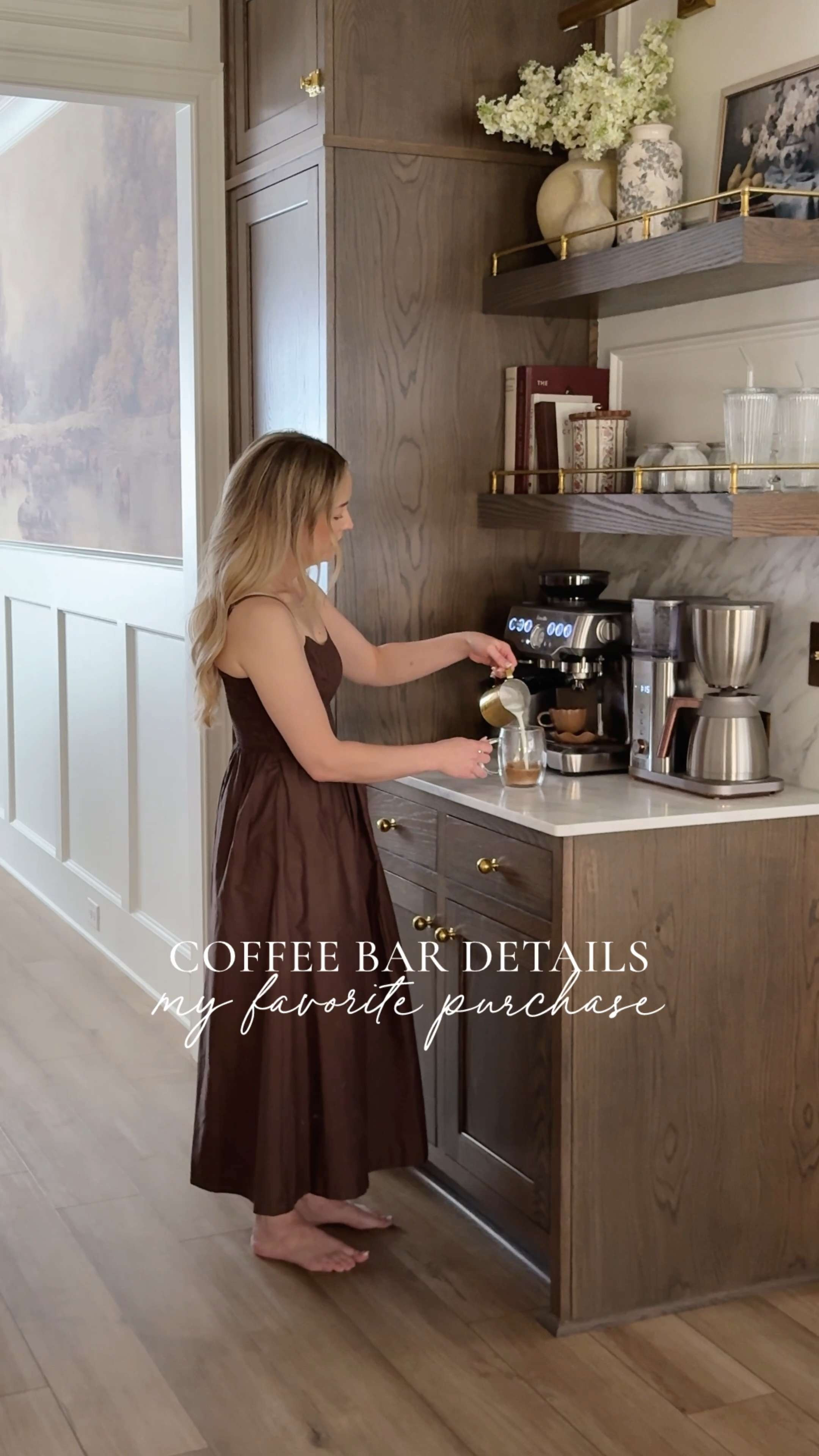  Our coffee bar gets used daily.. multiple times a day — and it’s easily one of my favorite spots in our home.

I love the design just as much as the function. The rich white oak cabinetry, the unlacquered brass details that will patina over time, and the custom shelving all make this space feel so warm and intentional.

But my favorite purchase in here? Our espresso machine. Hands down.
It’s one of those things that felt like a splurge at first, but it has truly paid for itself. 

We’re making quality coffee at home every single day and saving so much by skipping the constant coffee runs. I also love how the stainless steel blends right in with the mixed metals — it doesn’t feel out of place at all, just adds to that layered, collected look I’m always going for.

Home finds, neutral home inspo, spring refresh, coffee bar inspo, weekly finds, neutral outfit inspo, coffee bar station, bright and airy, timeless home inspo, espresso machine, collected style, lived in home style, kitchen refresh, rich wood tones, unlacquered brass, brass gallery rail, picture light, Cafe Appliances, Breville, Rejuvenation, found it on Amazon, Abercrombie, Etsy, Visual Comfort, shop the look!

 

#LTKHome #LTKgrwm #LTKSeasonal