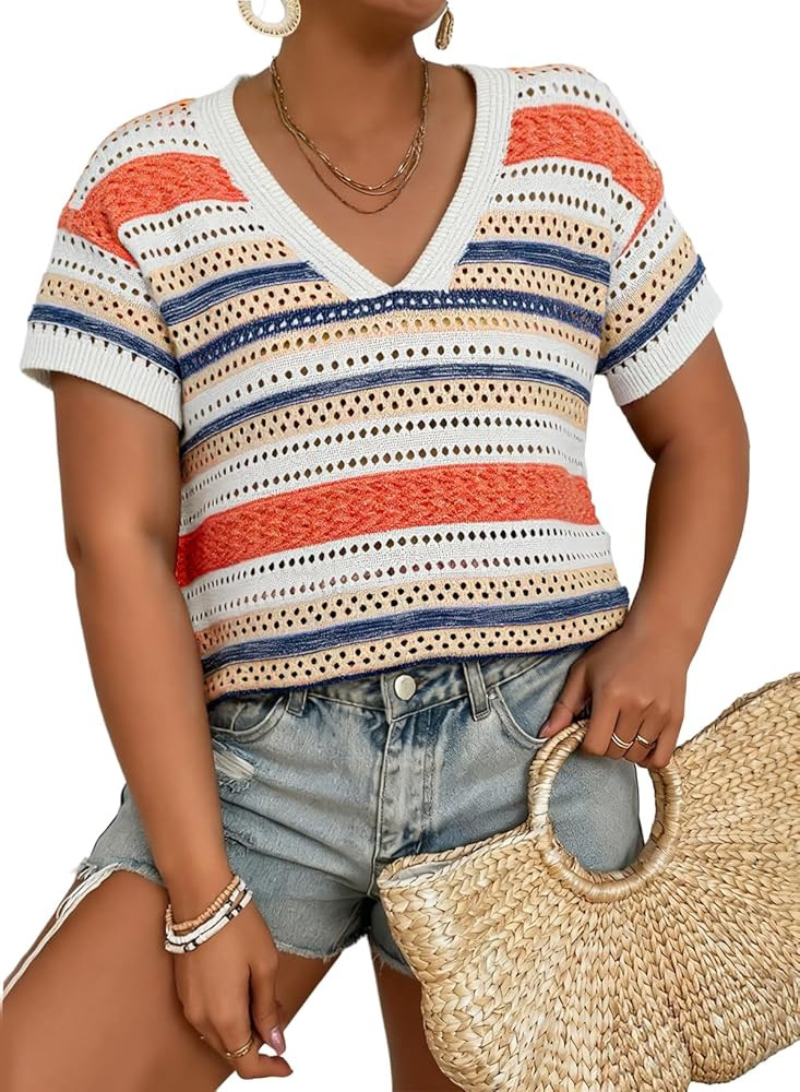 Eytino Plus Size Tops for Women Striped V Neck Short Sleeve Hollow Out Crochet Knit Sweater 2026 ... | Amazon (US)