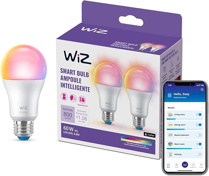 WiZ Connected Smart Light Bulbs, 2-Pack, Color A19 60W 800LM E26 Indoor LED Lights, Smart Bulbs w... | Amazon (US)