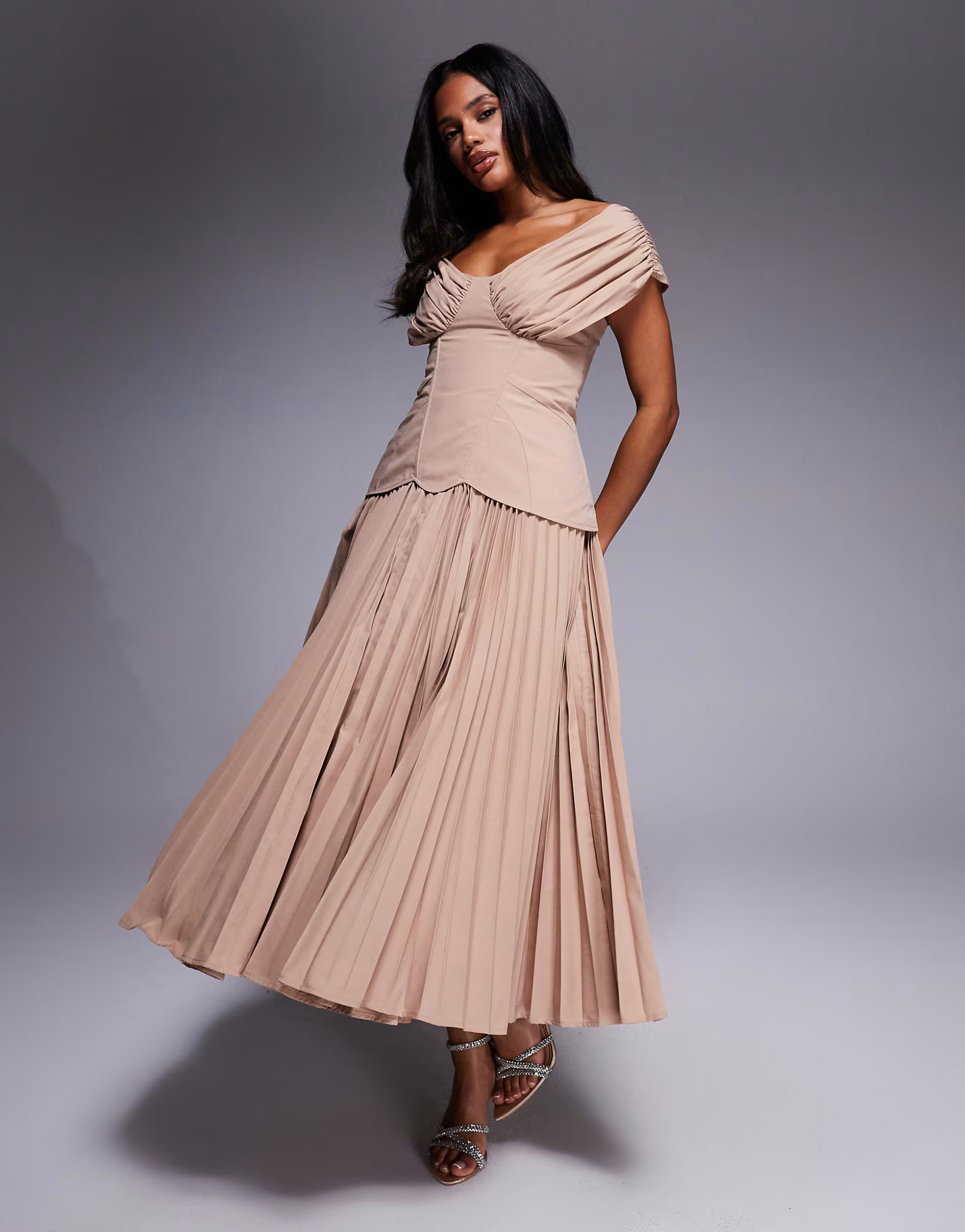 ASOS LUXE off shoulder pleated with moulded hips midi dress in mocha | ASOS (Global)