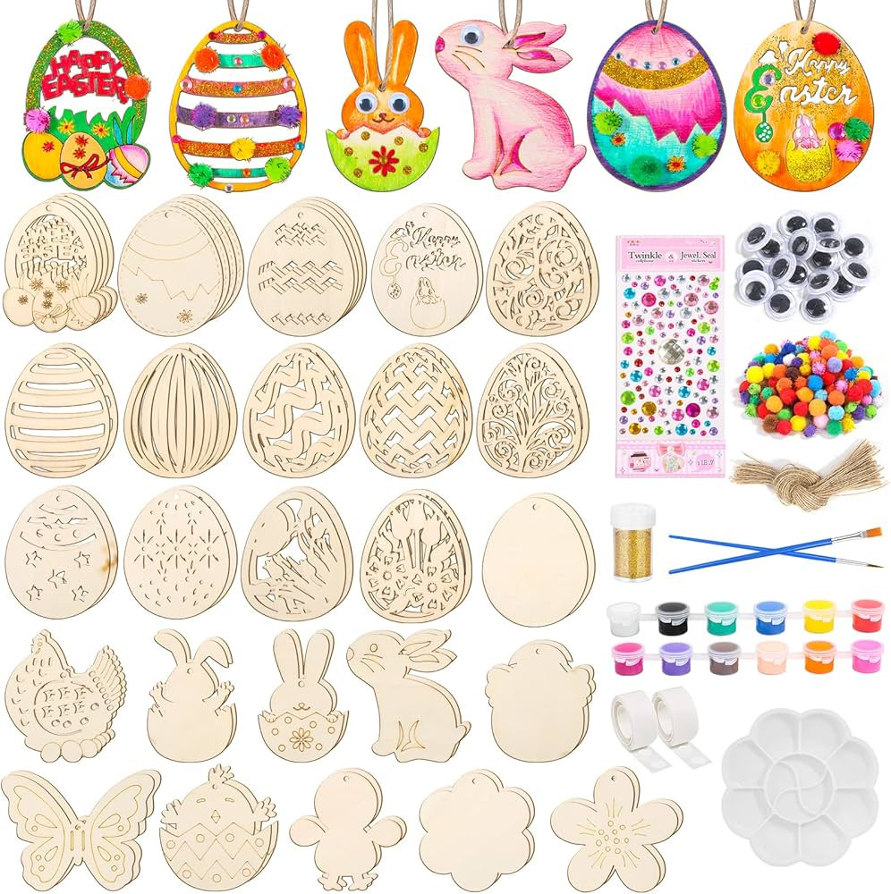 56Set Easter Wooden Ornaments with Pompoms Gold Powder Paint Rhinestones, 25 Shapes Easter Egg D... | Amazon (US)