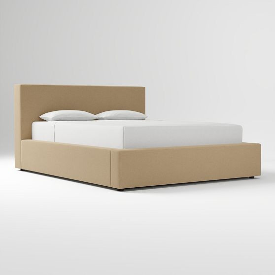 Harmony Upholstered Bed, Non Tufted, Standard Headboard, Performance Velvet, Camel, No Show, Cal King | West Elm (US)