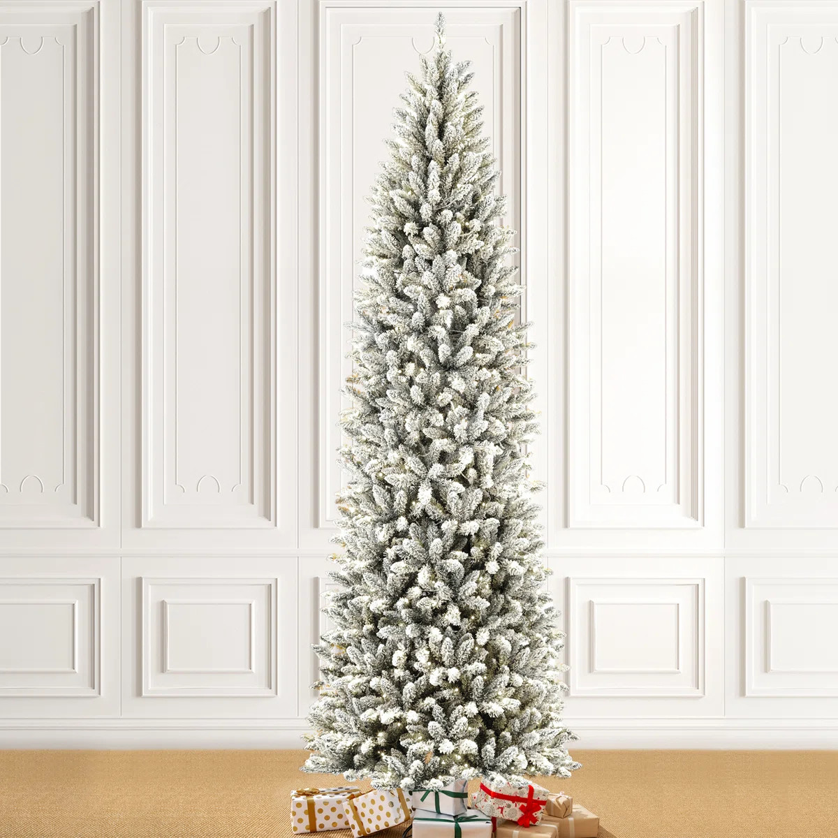 Johvan Slender Pre-Lit Flocked/Frosted Fir Christmas Tree with Lights | Wayfair North America
