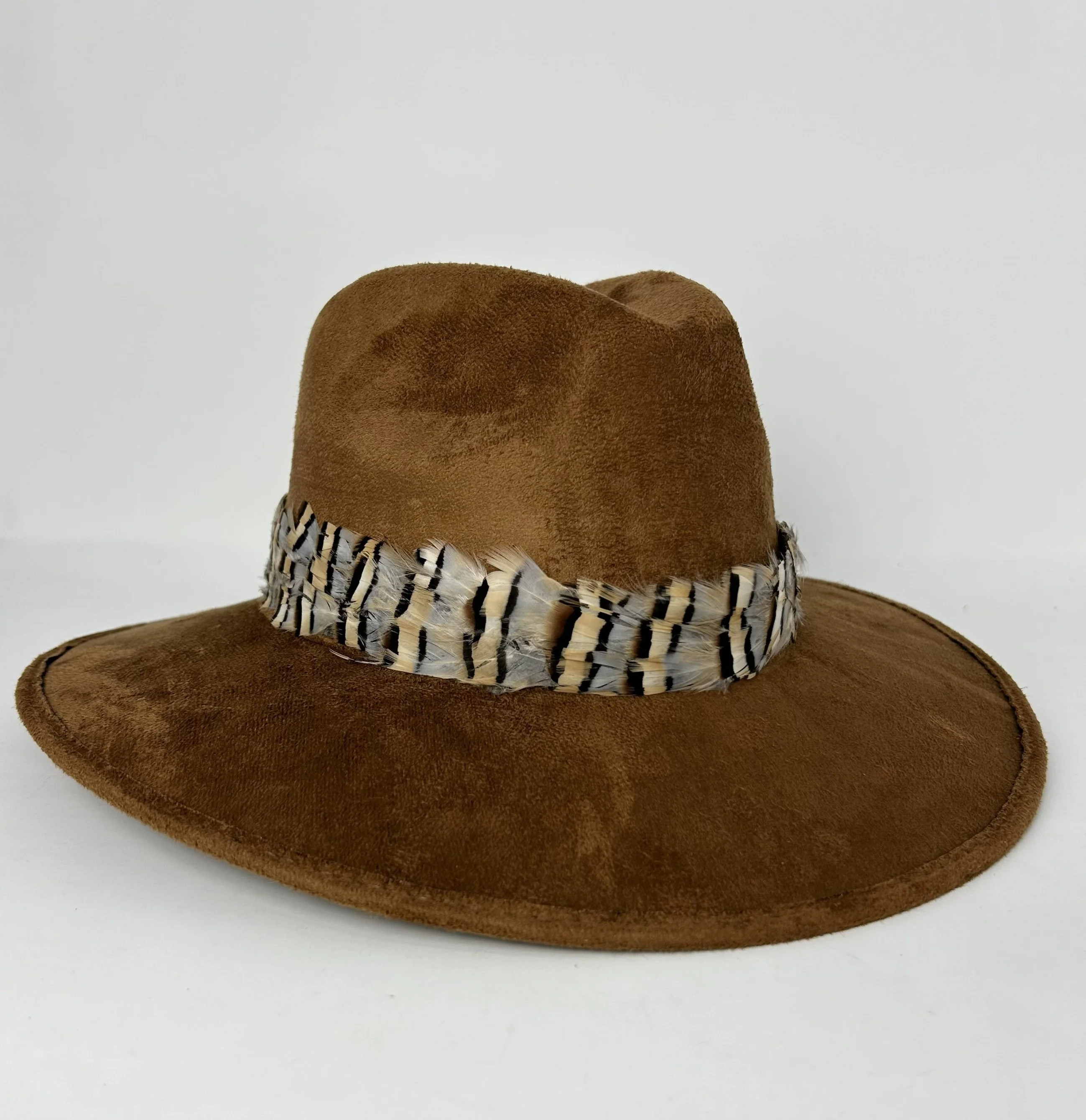Light Brown Suede Hat with Grey Striped Feather Light Brown Suede Hat | Baldiz