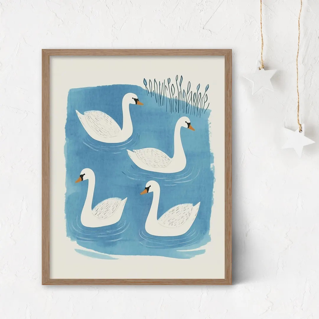 Storybook Swan Digital Print - Whimsical Animals Playroom Decor, Mid Century Nursery Wall Art | Etsy (US)