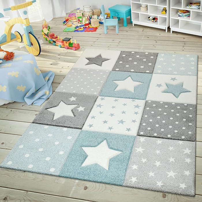 Paco Home Kids Rug for Nursery Checkered with Dots & Stars in Blue White Grey, Size: 6'7" x 9'6" | Amazon (US)