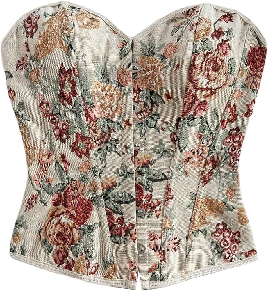 MakeMeChic Women's Floral Strapless Corset Top Vintage Lace Up Bustier Going Out Top | Amazon (US)