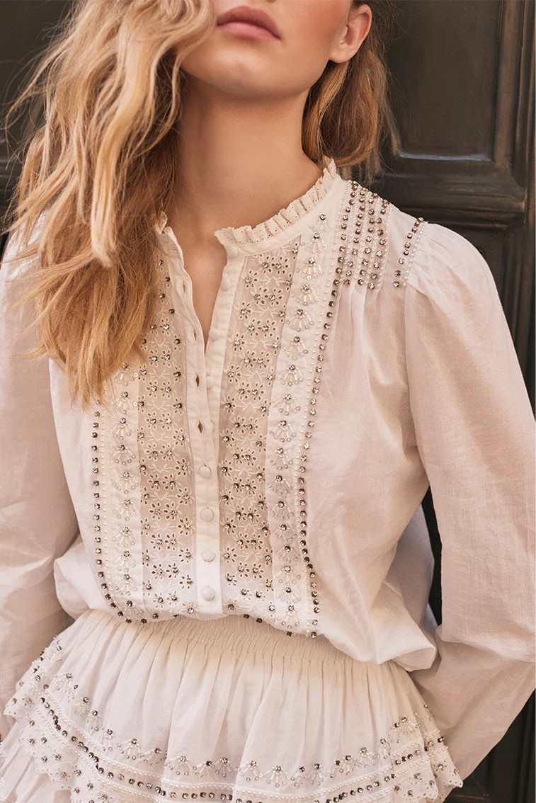 Mildrene Rhinestone-Studded Blouse | LoveShackFancy