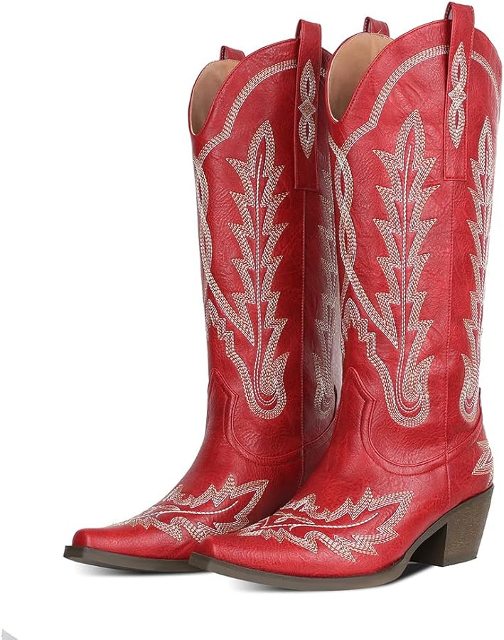 CELNEPHO Cowboy Boots for Women Wide Calf Knee High Cowgirl Boots Embroidered Rhinestones Chunky ... | Amazon (US)