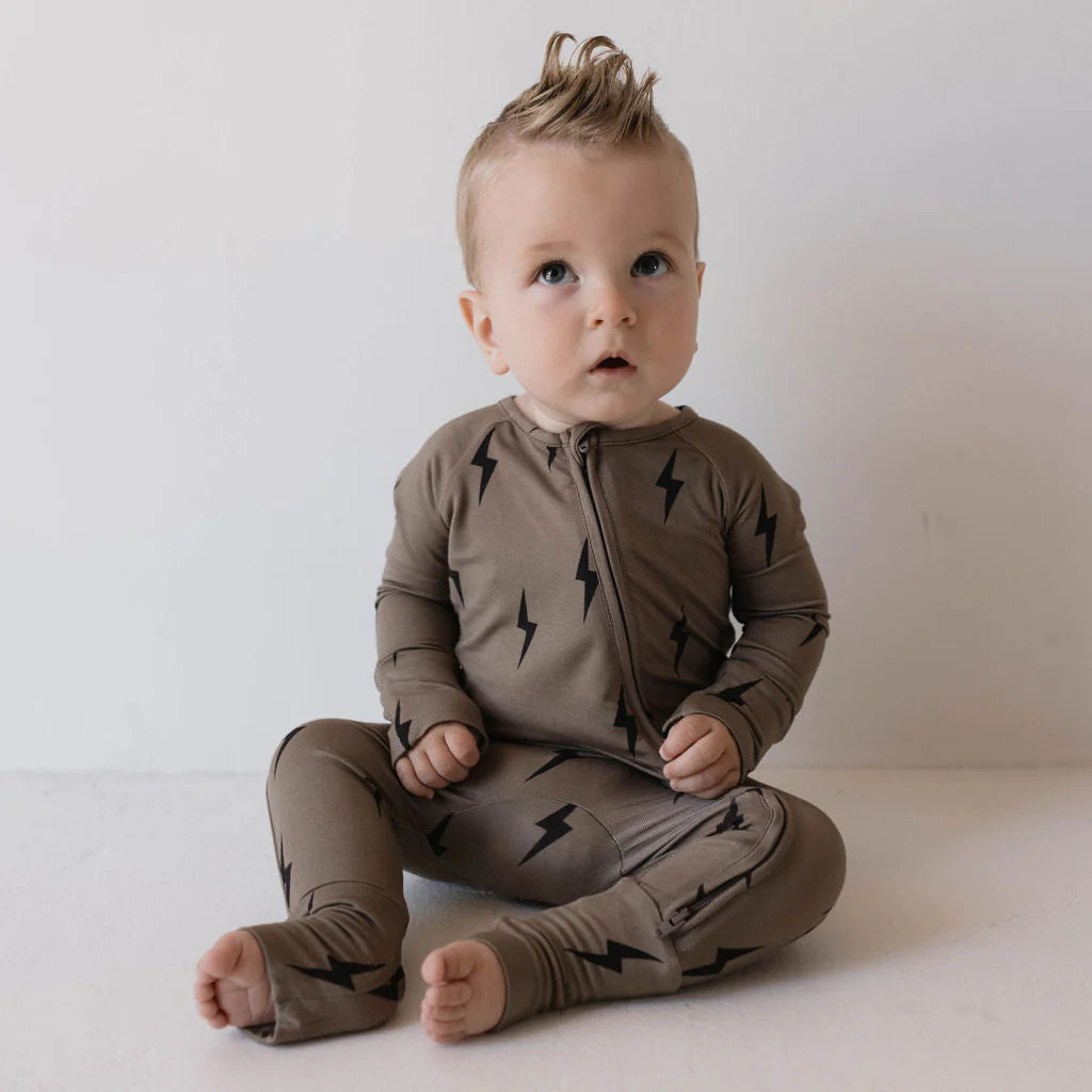 Bamboo Zip Pajamas | Brown & Black Lightning Bolt | Young and Rad
