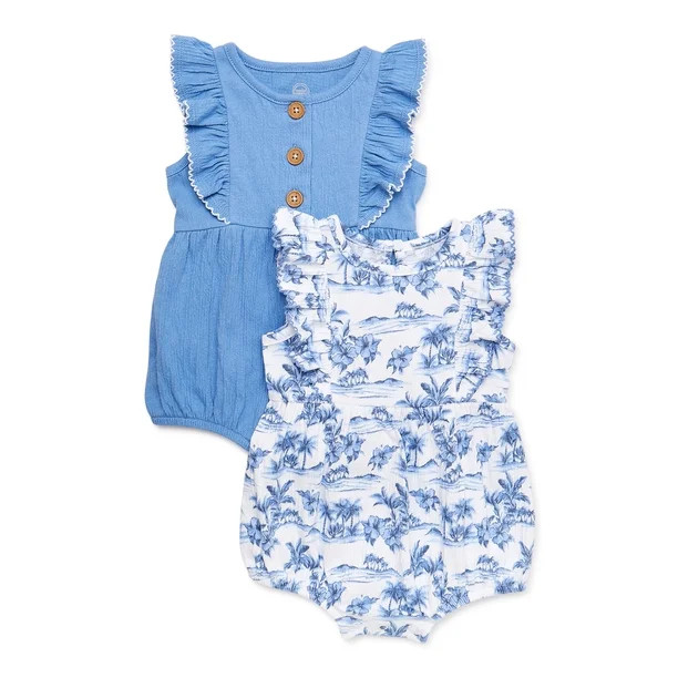 Wonder Nation Baby Girl Ruffled Romper, 2-Pack, Sizes 0M-24M | Walmart (US)