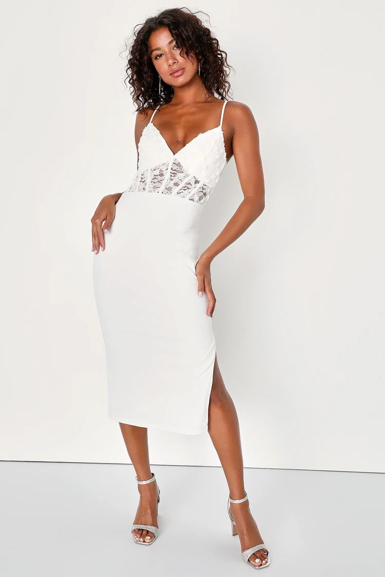 White Lace Floral Bustier Bodycon Midi Dress | White Evening Dress | Cocktail Dress | Lulus (US)