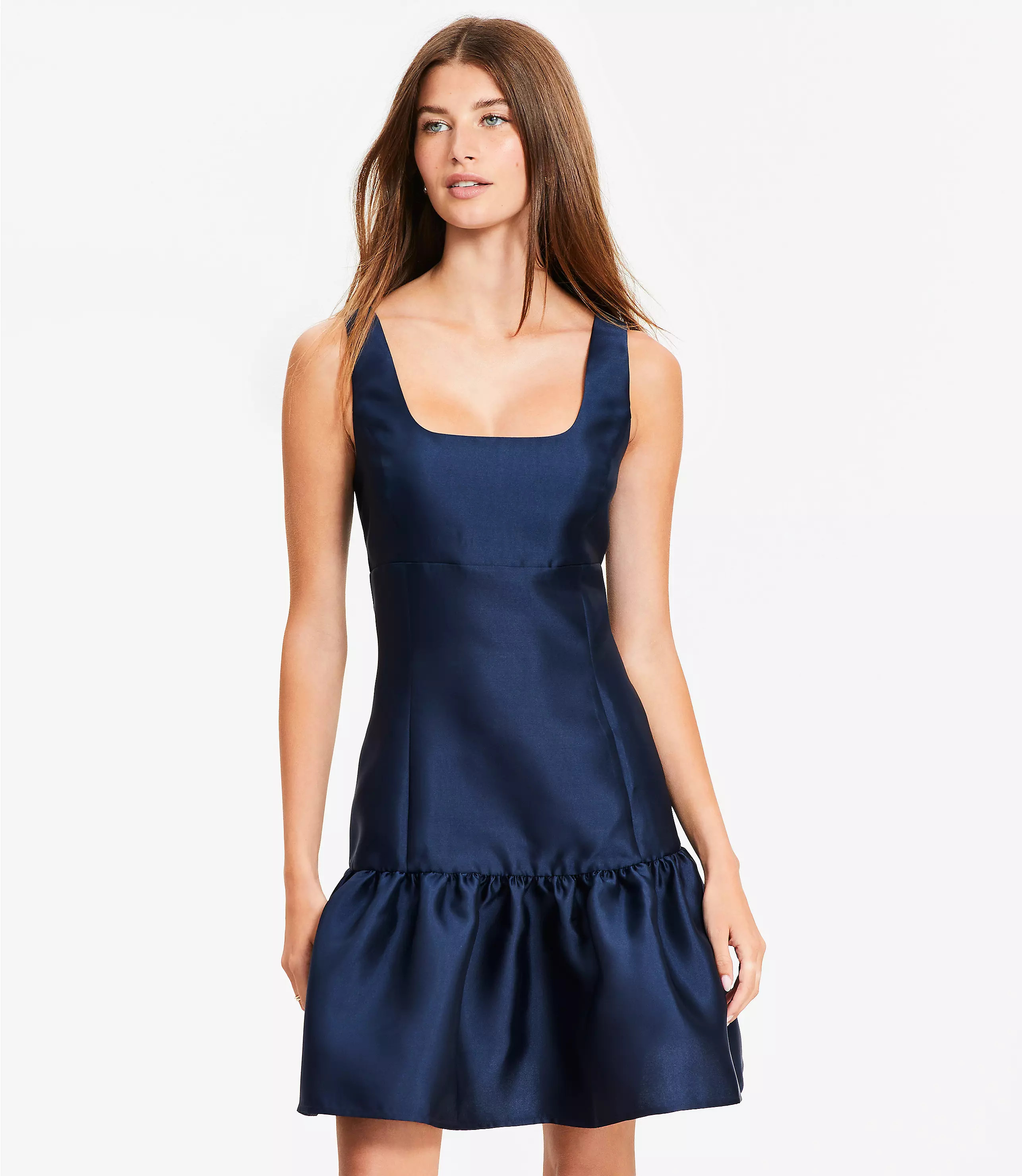 Satin Square Neck Mini Flounce Dress | LOFT