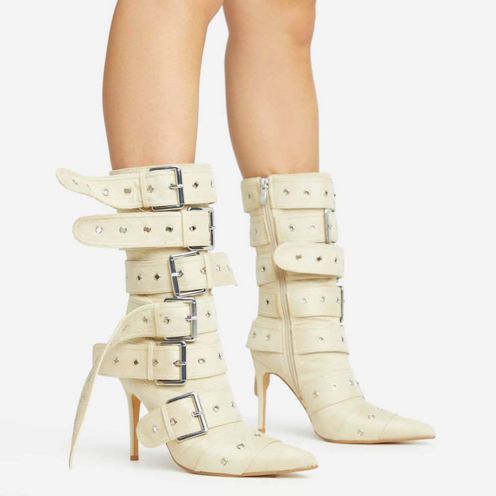 Sylas Extreme Buckle Detail Pointed Toe Stiletto Heel Ankle Boot In Cream Faux Suede | EGO Shoes (US & Canada)