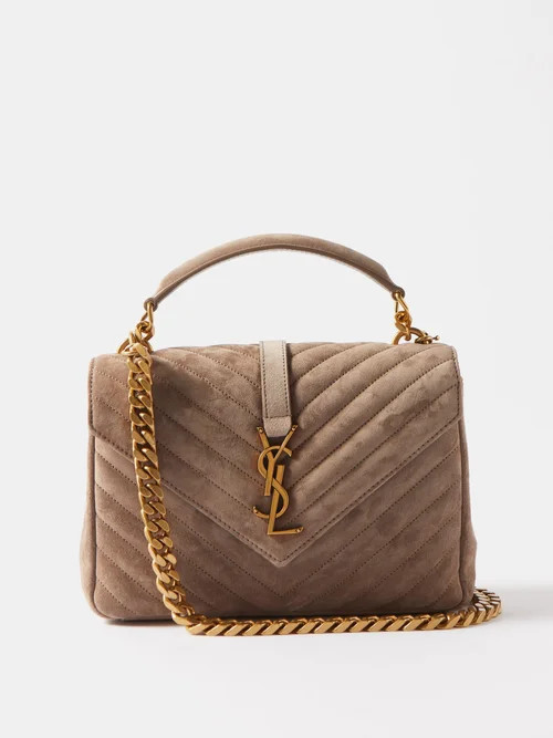 Saint Laurent - College Medium Ysl-logo Quilted Suede Shoulder Bag - Womens - Beige | Matches (US)