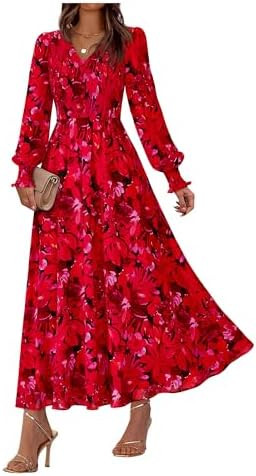 BTFBM Women Fall Wedding Guest Maxi Dresses 2026 Floral V Neck Long Sleeve Boho Long Dress Vacati... | Amazon (US)