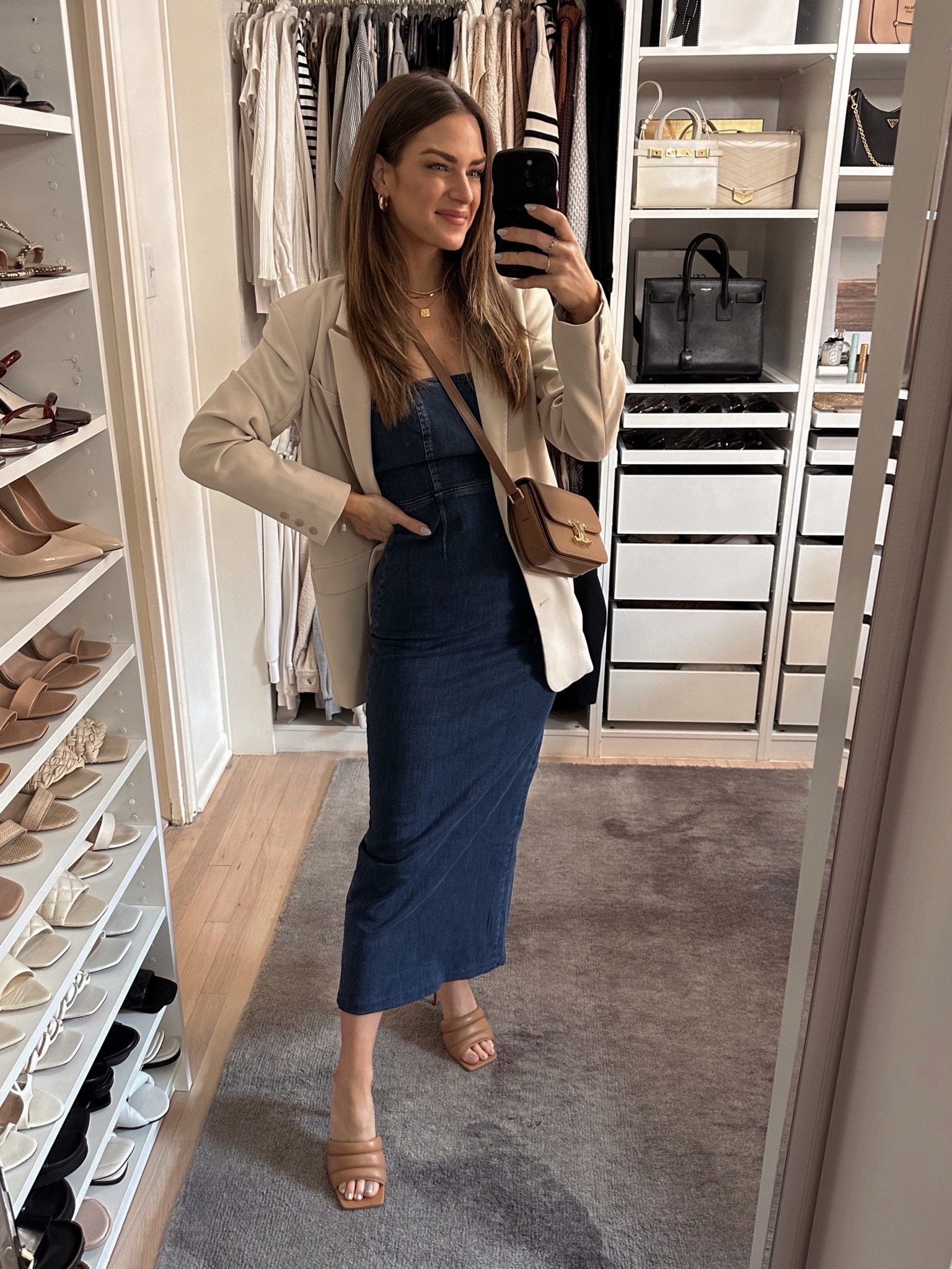 I’m obsessed with this denim dress! I sized down in the dress & am wearing a S in the blazer. Heels run TTS. // reformation, denim dress, workwear, summer dress 